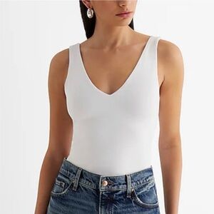 Hollister Soft Touch Shelf Bra V Neck Tank Top Bodysuit - White - Small